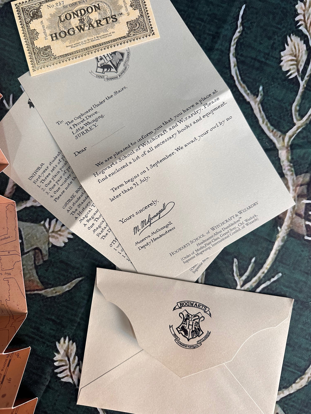 Replica Lettera ammissione ad Hogwarts, Biglietto Hogwarts Express & Mappa del Malandrino in scala 1:2